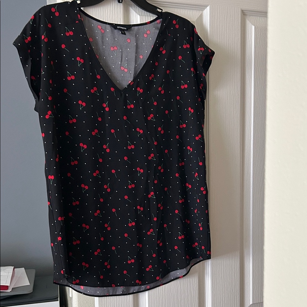Express Black Top with Red Cherry Print
